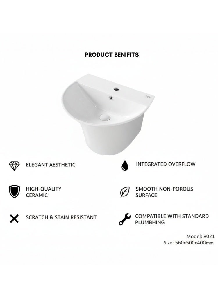 بيور حوض غسيل جداري PURE بتصميم عصري | سيراميك عالي الجودة مع فتحة خلاط - Image 2